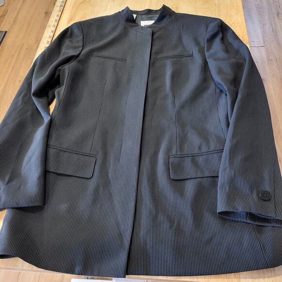 DKNY Donna Karen Wool Mandarin Collar Invisible Button Pinstripe Coat 8 - Picture 1 of 11